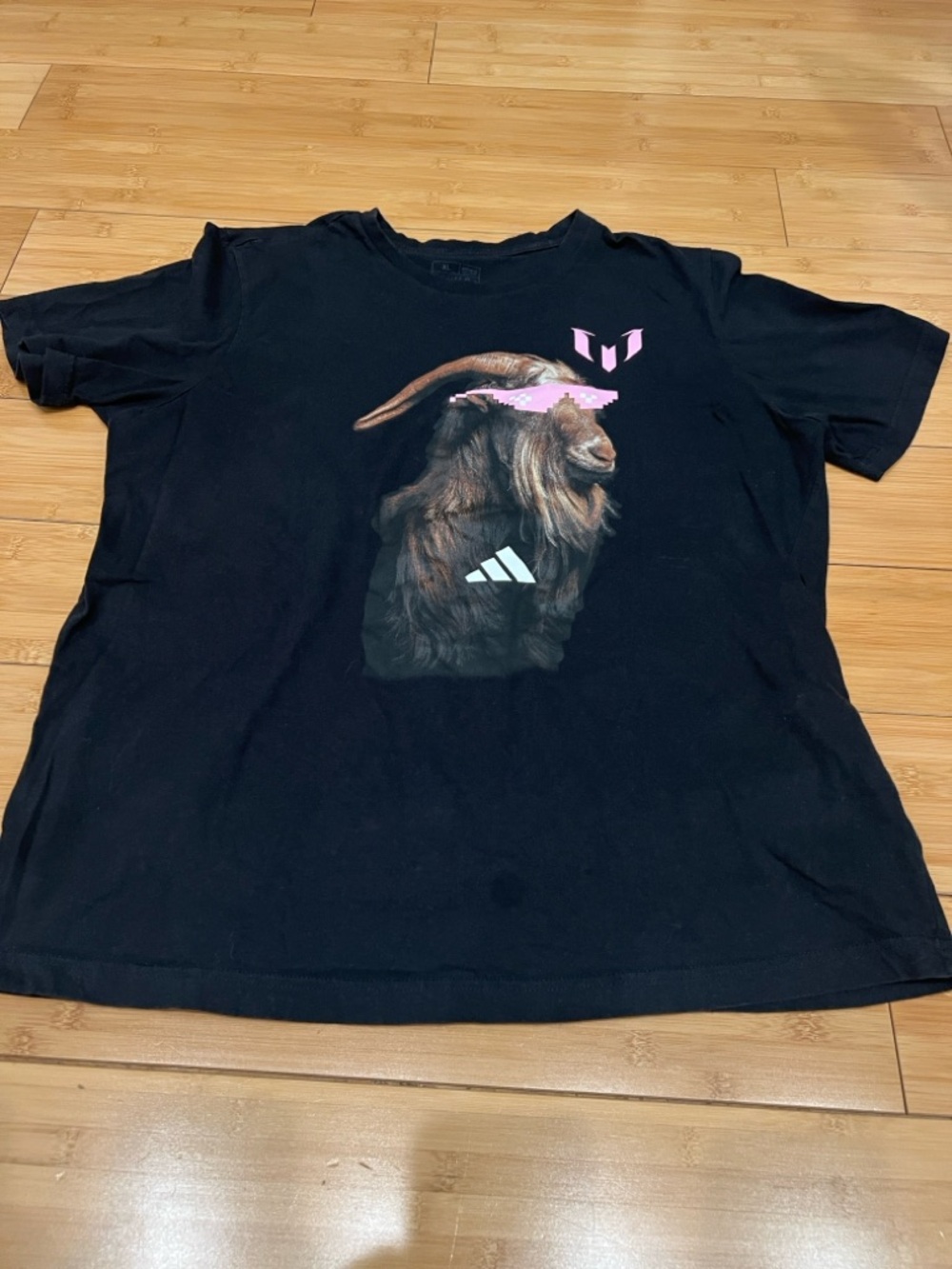 adidas Black Tee with Goat Graphic and Pink Accents